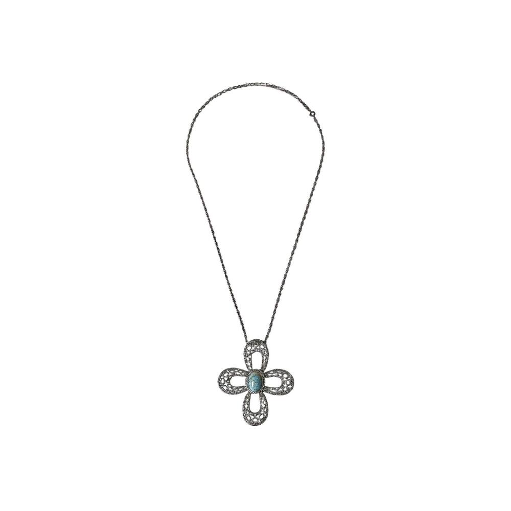 1990's Danecraft Sterling & Turquoise Openwork Design Cross Pendant Necklace